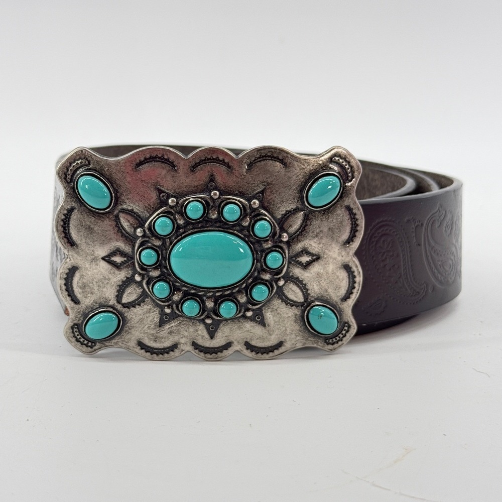 AMERICAN ENDURANCE bonded Leather XL Paisley Belt Turquoise Silver Trophy Buckle